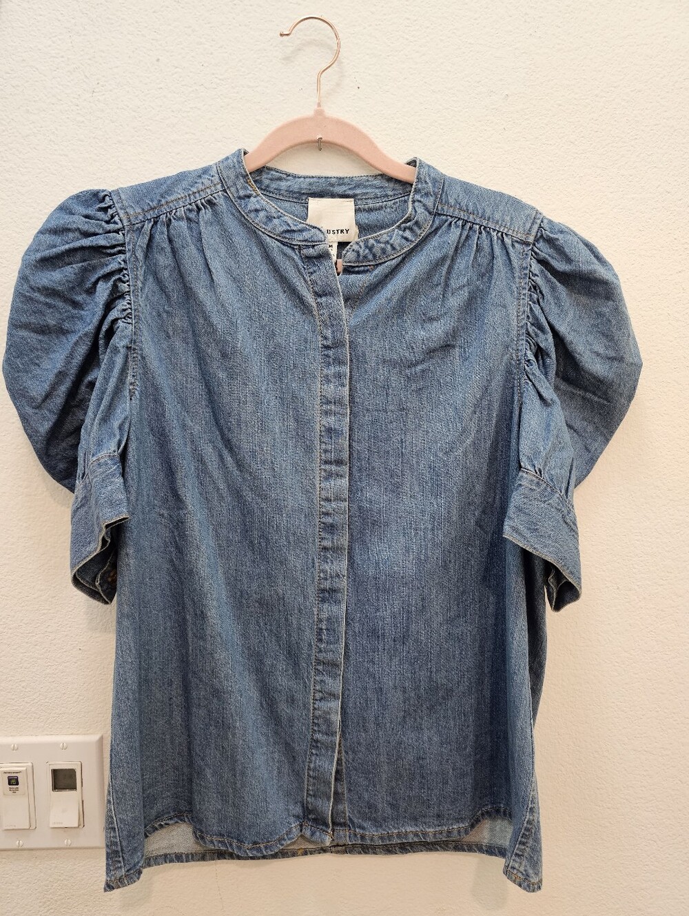 Industry Denim Puff-Sleeve Button-Front Top - Blue